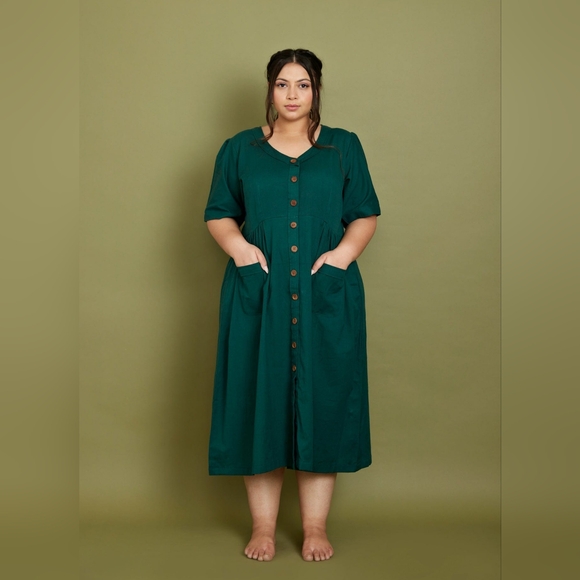 Pana Mina Cotton Flax Dress in Emerald Green xxs - Picture 3 of 3